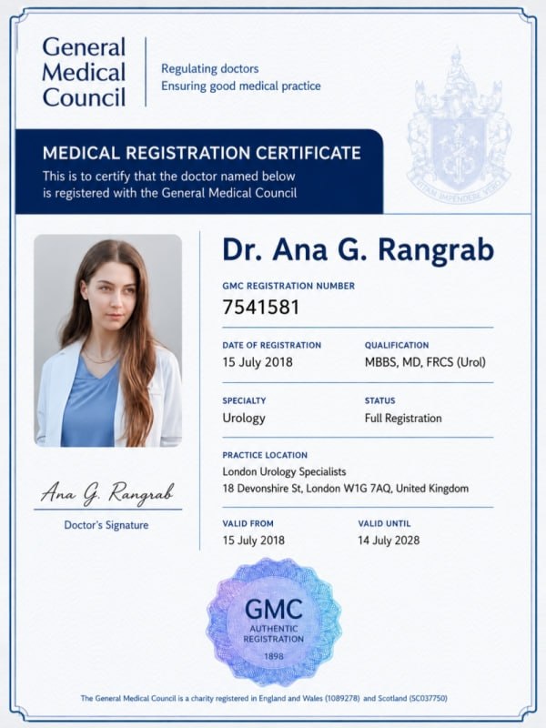 Certificado de registro médico de la Dra. Ana G. Rangrab
